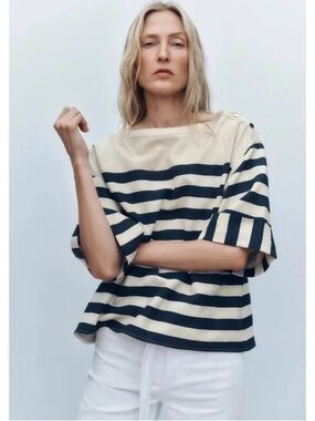 ZARA Striped Linen Blend Nautical Top with Gold Shoulder Buttons